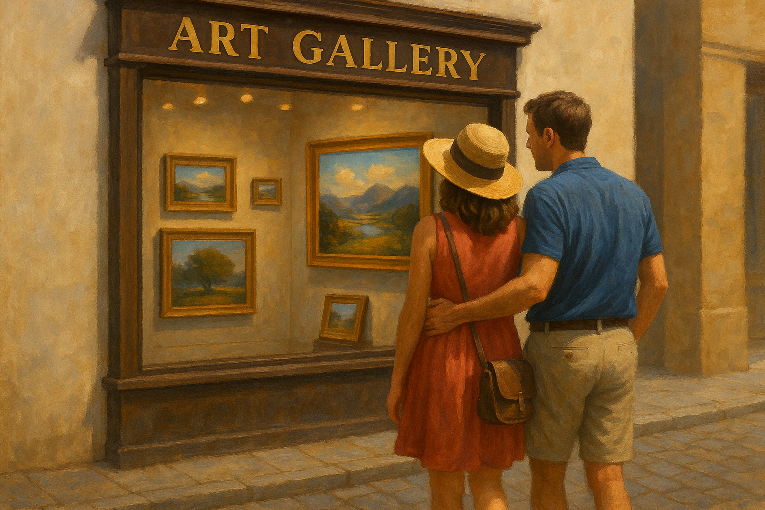 A couple walking past an art gallery when on holiday and stopping to look in the window and admire the art work