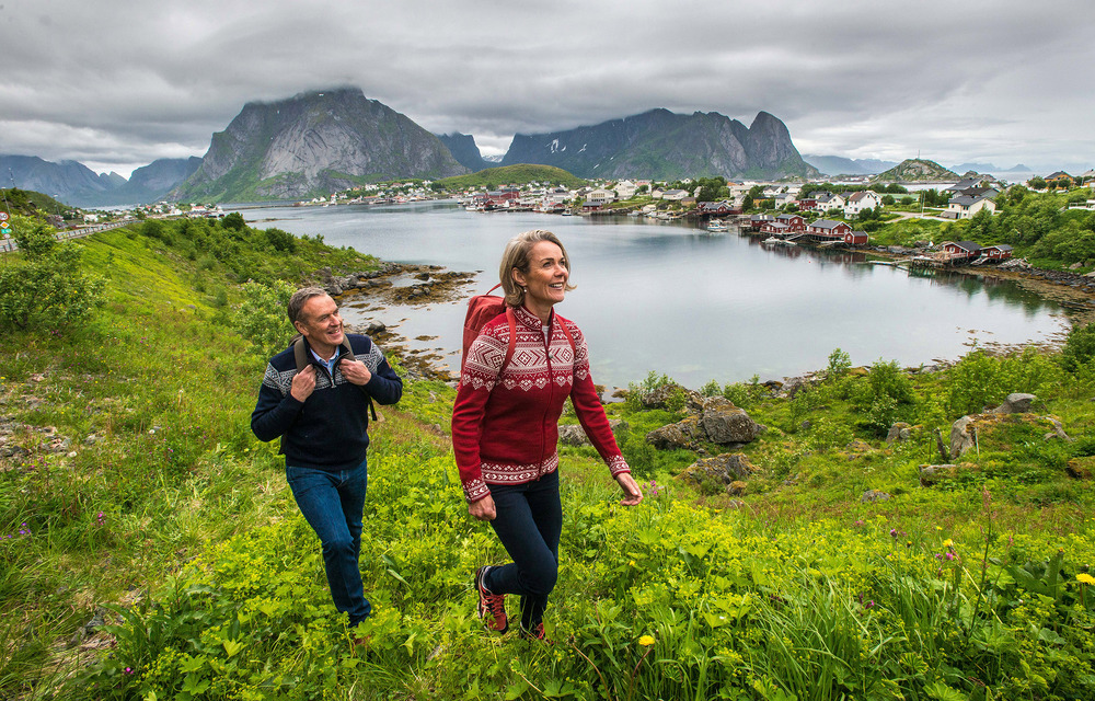 Viking cruise guests hiking - Lofoten Islands, Norway