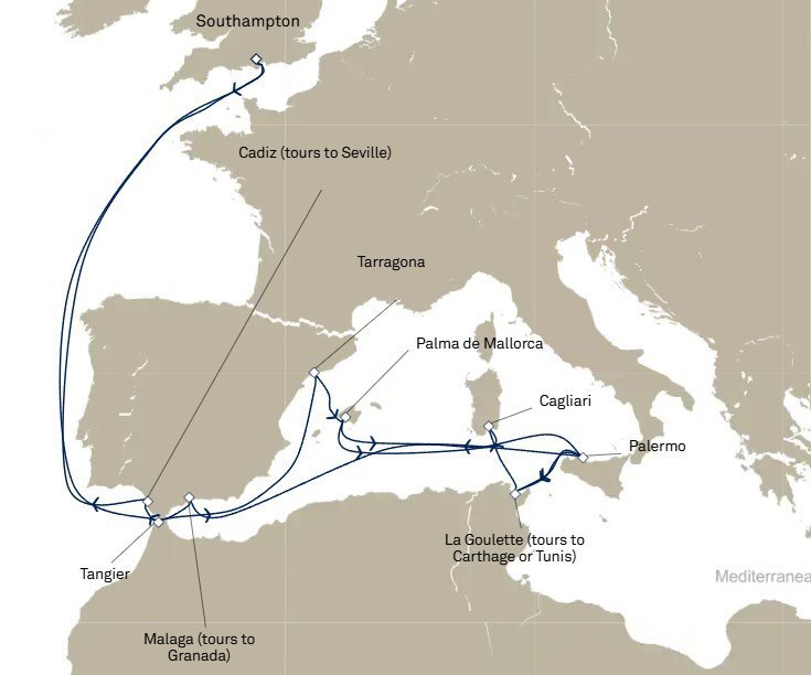 Morocco, Spain, Italy and Tunisia route map