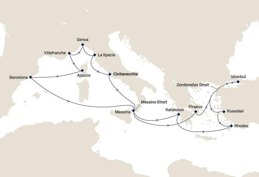 Mediterranean, Greece and Türkiye route map