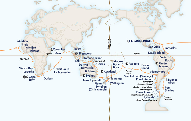 2028 Grand World Voyage route map: roundtrip from Fort Lauderdale via South America, Antarctica, the South Pacific, New Zealand, Australia, Asia and Africa