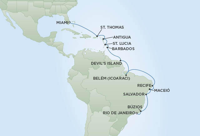 White Sands and Brazilian Sun route map - Miami to Rio de Janeiro