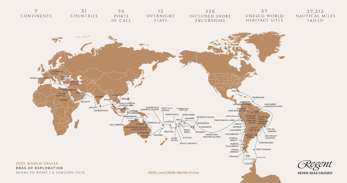 Eras of Exploration 2029 World Cruise route map - Miami to Rome