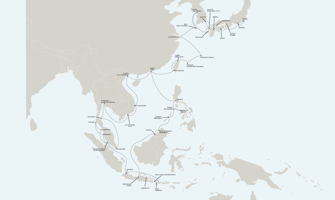 Grand Silk Seas Passage route map - Tokyo to Hong Kong