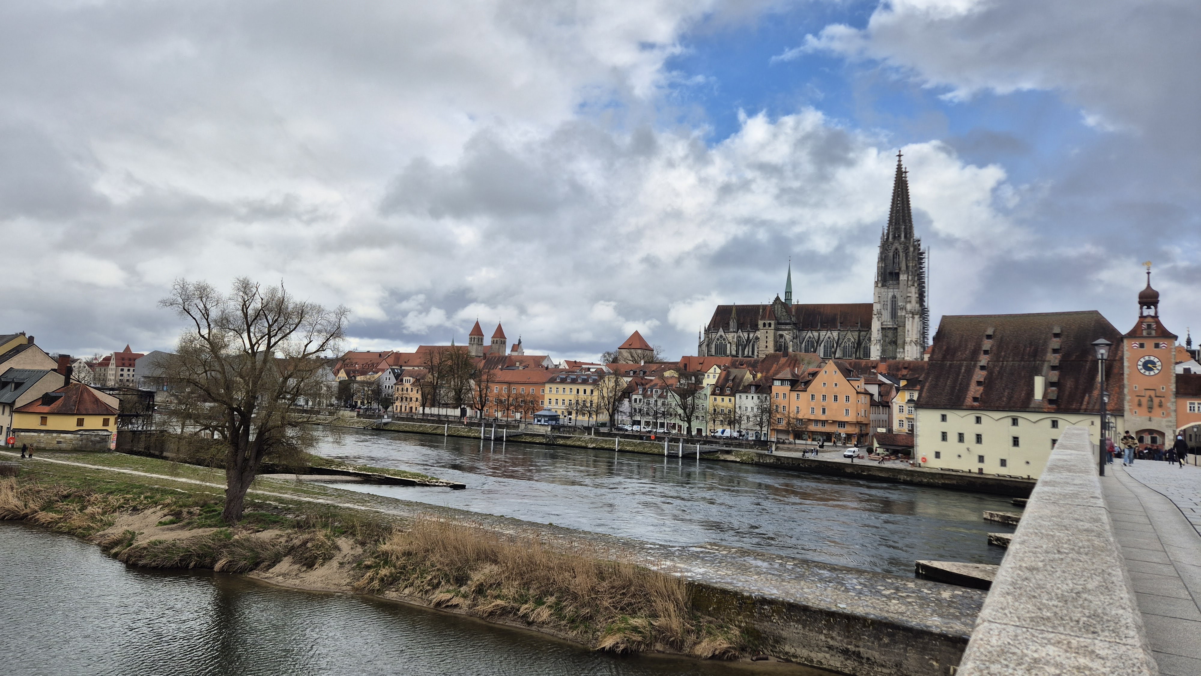 Regensburg's old town and cathedral spires seen from the Stone Bridge