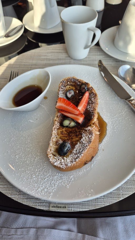 À la carte French toast with berries, Meghan's first breakfast on board