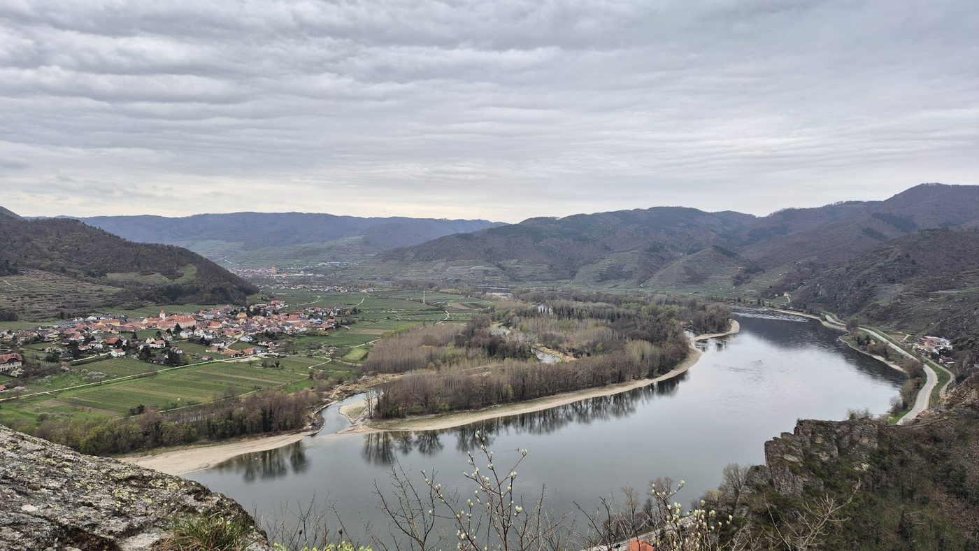 The Danube curving through the Wachau valley, seen from the castle ruins above Dürnstein
