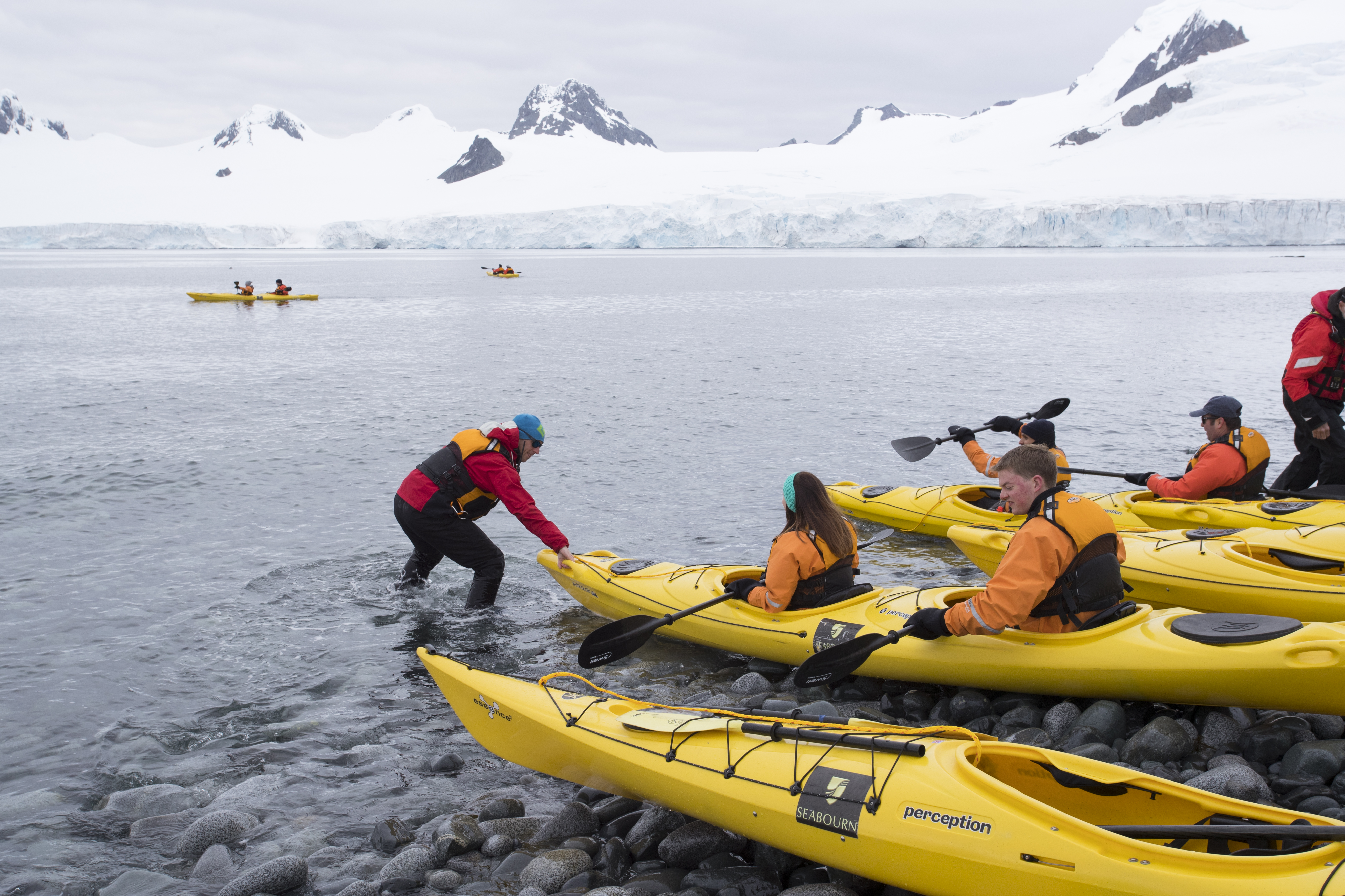 Kayaking demonstration with crew at Half Moon Island, Antarctica