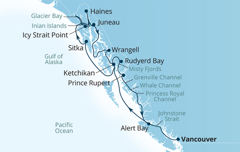 Glacier Bay, Fjords and Inside Passage route map