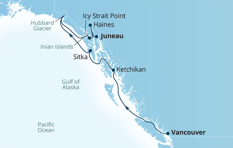Glaciers and Alaska Inside Passage route map