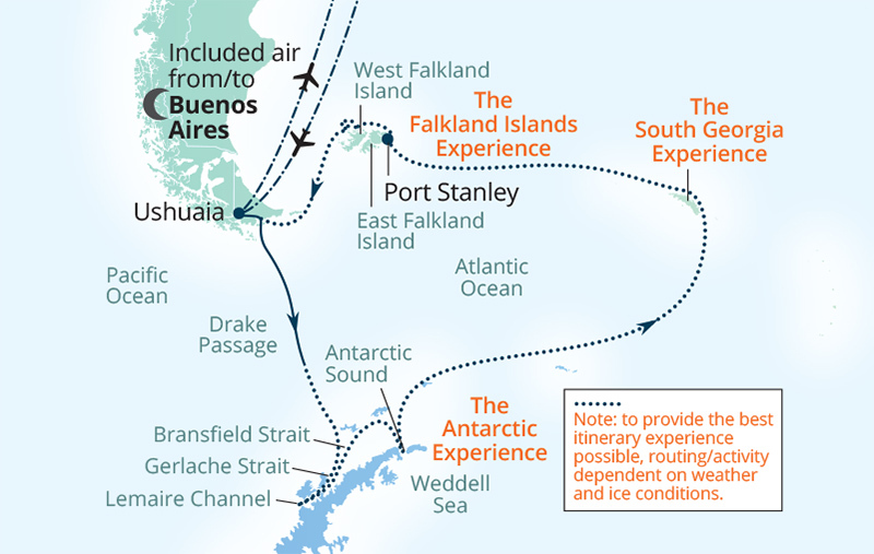 Antarctica, South Georgia and the Falklands route map