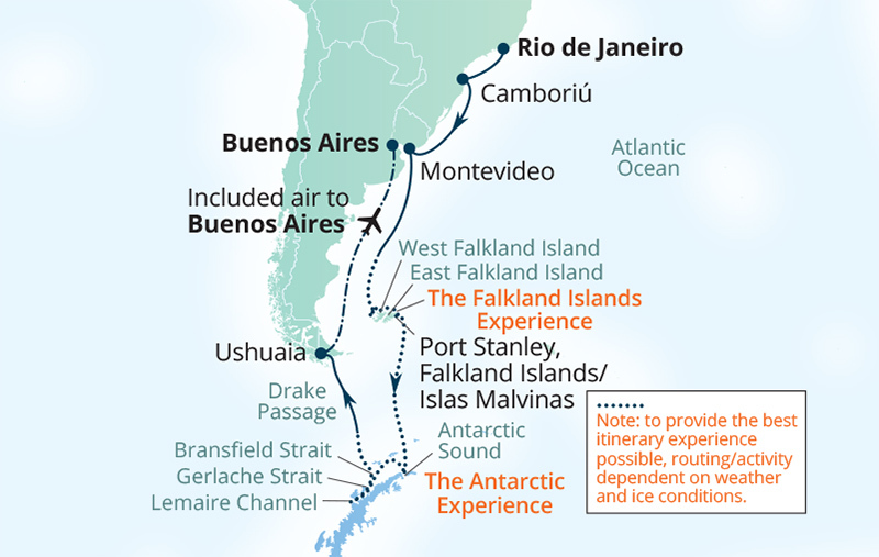 Antarctica, South Georgia and the Falklands route map