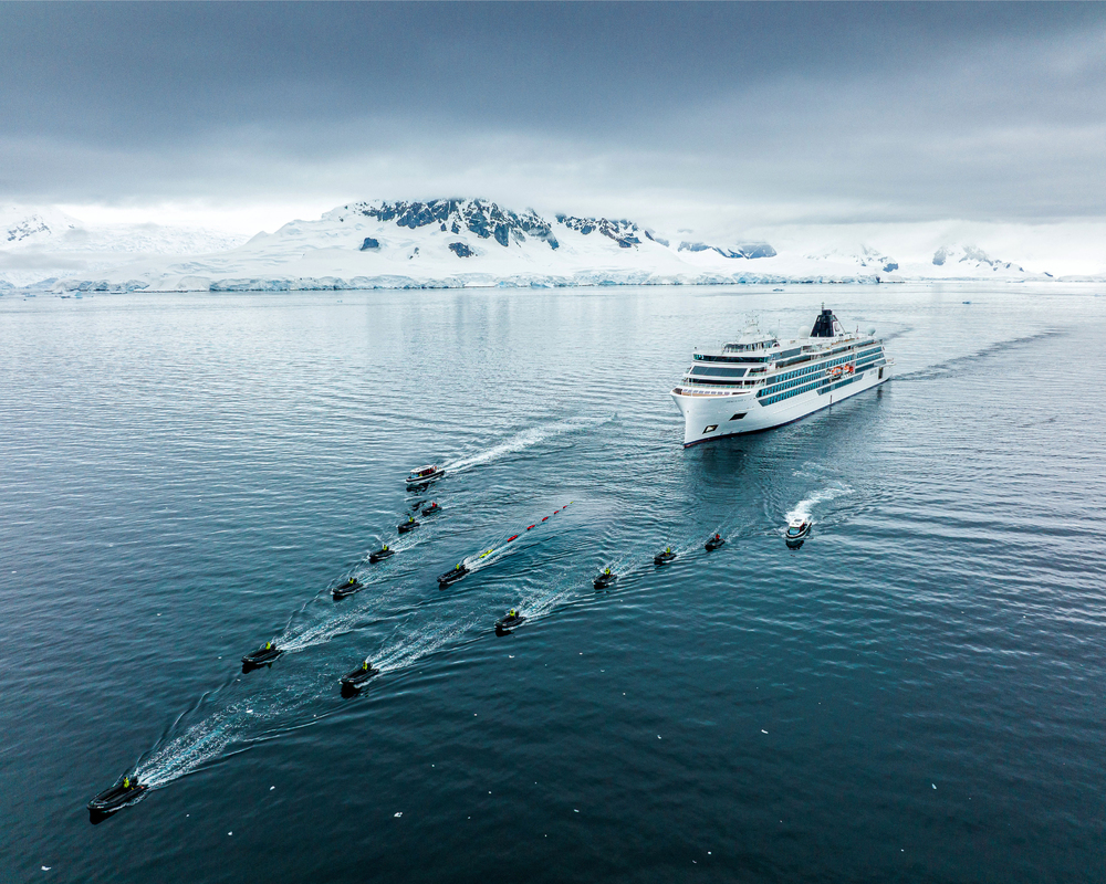 A Viking expedition ship among the ice in Antarctica